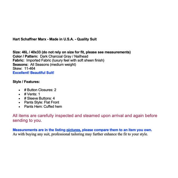 Hart Schaffner Marx 46L 40x33 Solid Dark Charcoal Gray Nailhead Quality Suit USA - Picture 2 of 16